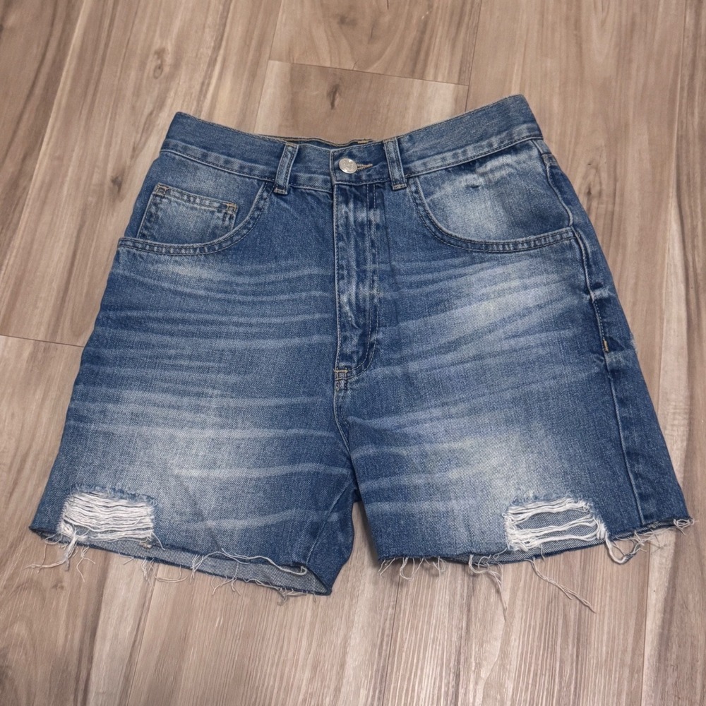 Anine Bing Blue Distressed High Waisted Denim Shorts Size 25 Frayed‎ Hem t2